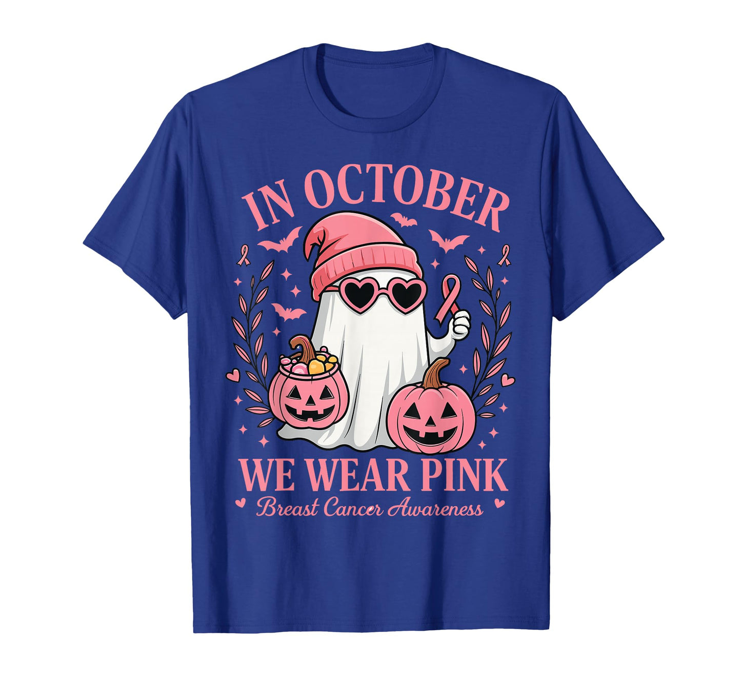 Boo in October We Wear Pink Breast Cancer Halloween Ghost T-Shirt