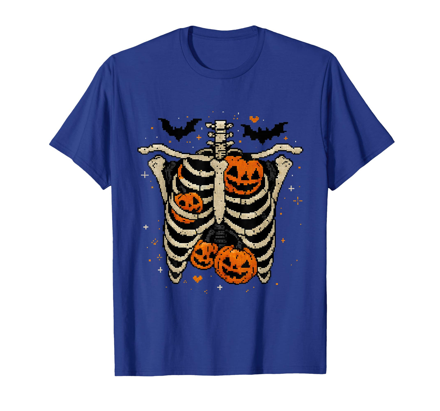 Pixel Skeleton Ribcage Pumpkins Funny Halloween Design T-Shirt