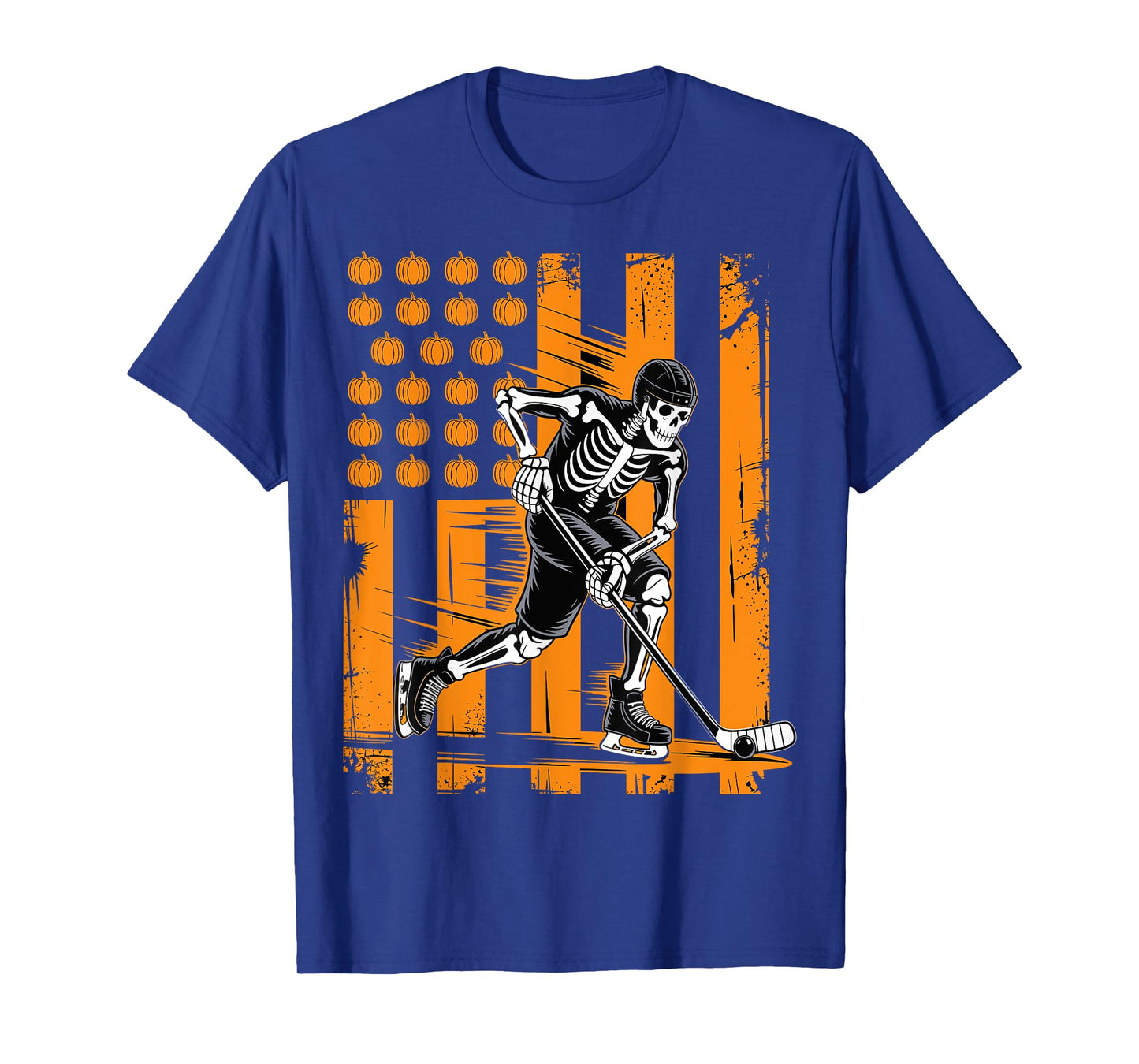 Skeleton Hockey Player Halloween American Flag T-Shirt