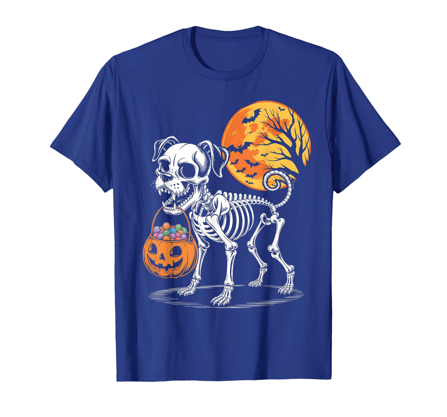 Funny Boxer Dog Skeleton Scary Pumpkin Moon Halloween T-Shirt