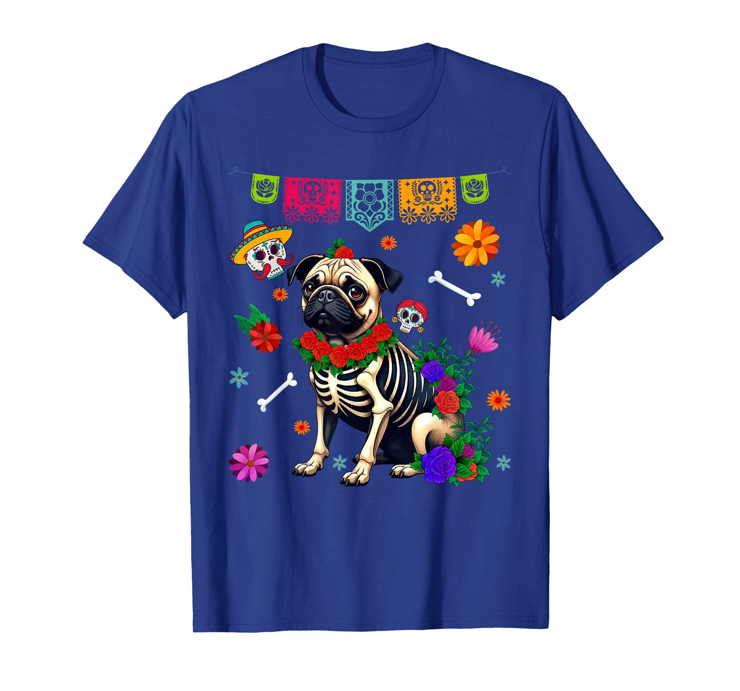 Funny Sugar Skull Pug Dog Flowers Dia de Muertos Halloween T-Shirt for Men Women