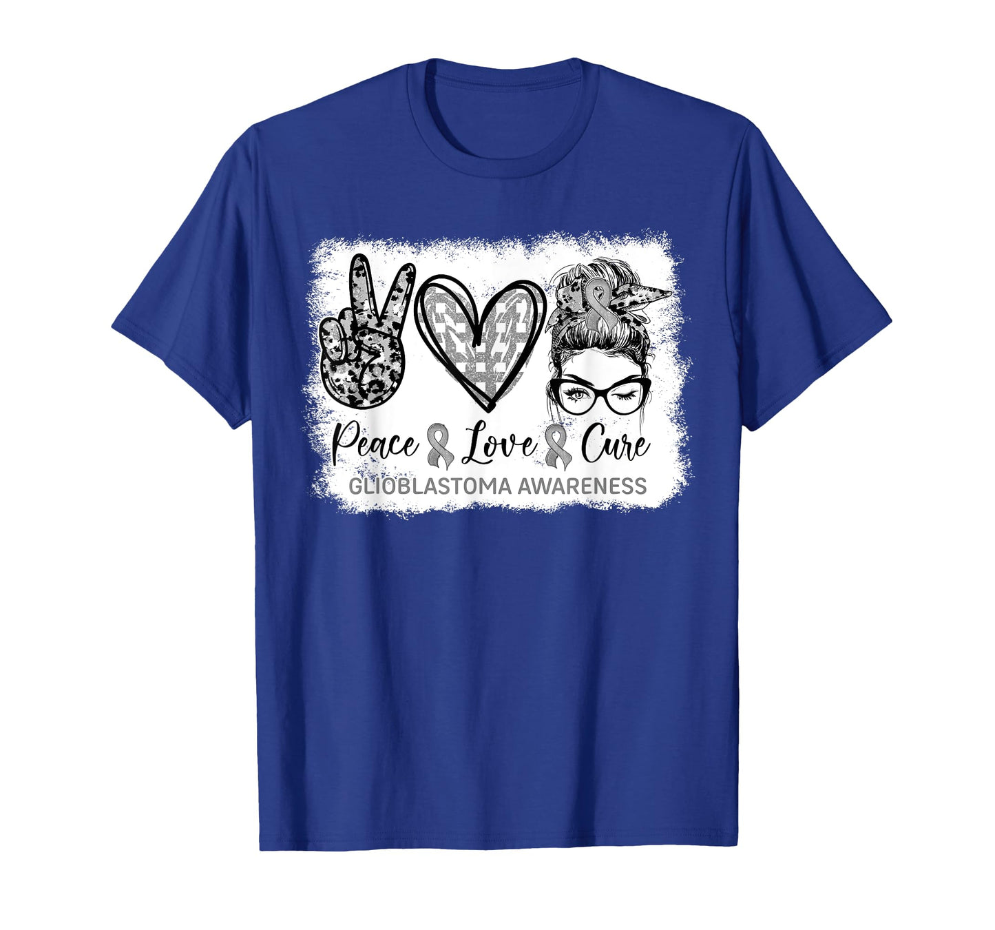Messy Bun Peace Love Cure Gray Ribbon Glioblastoma Awareness T-Shirt