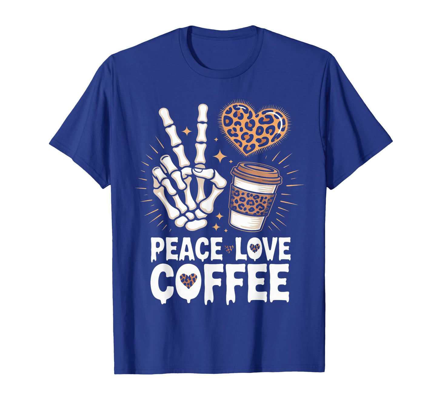 Skeleton Coffee Lover Halloween Leopard Peace Love Tee T-Shirt
