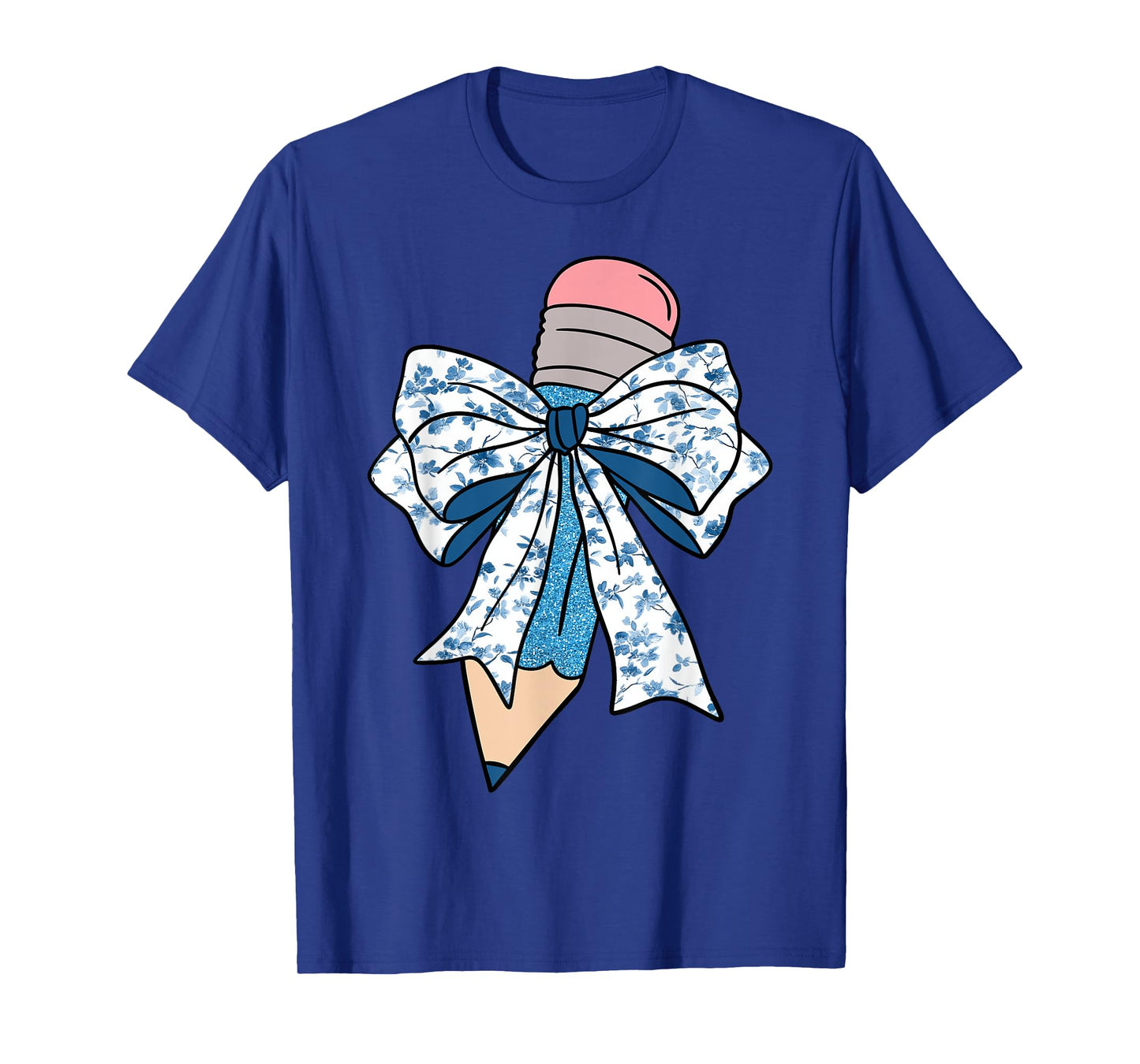 Pencil Teacher Coquette Toile Blue Bow Floral Pattern T-Shirt