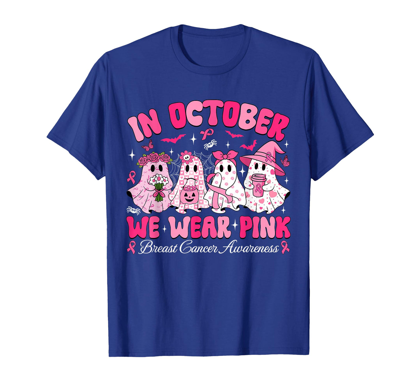 in October We Wear Pink Ghost Witch Breast Cancer Awareness T-Shirt