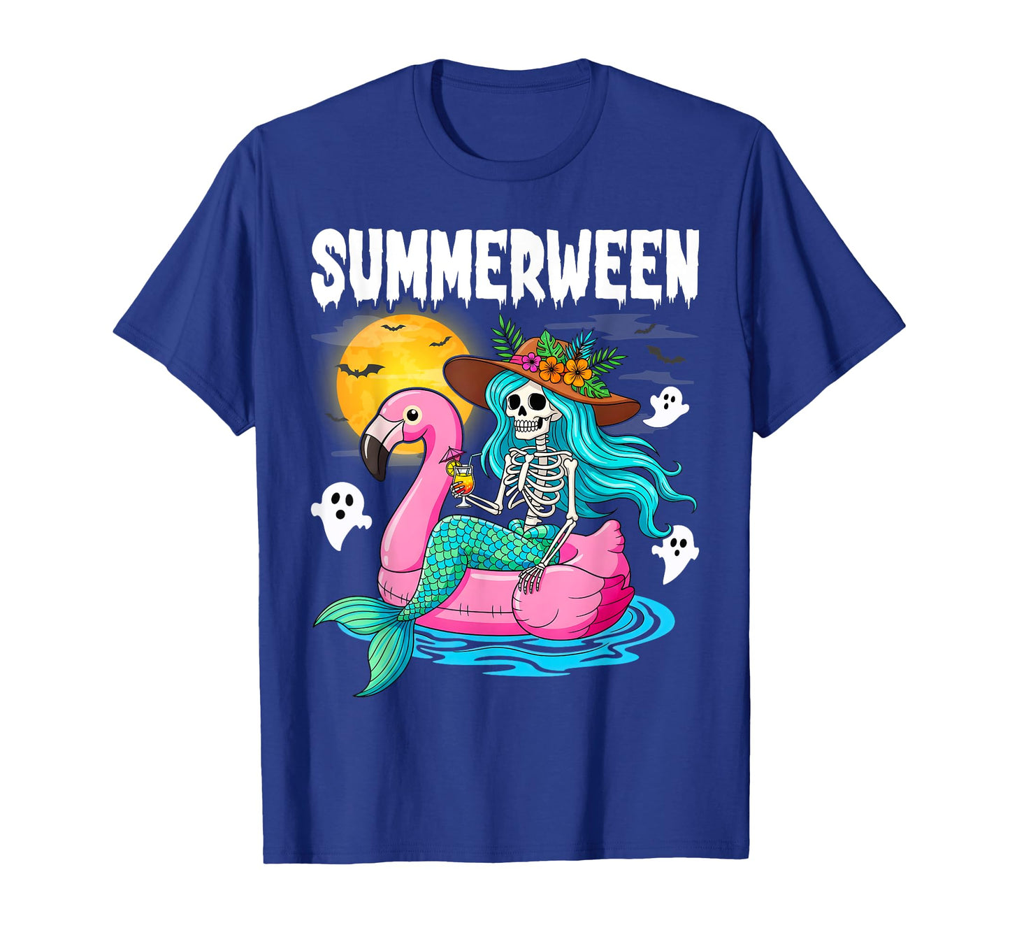 Summerween Mermaid Skeleton Flamingo Summer Halloween Women T-Shirt