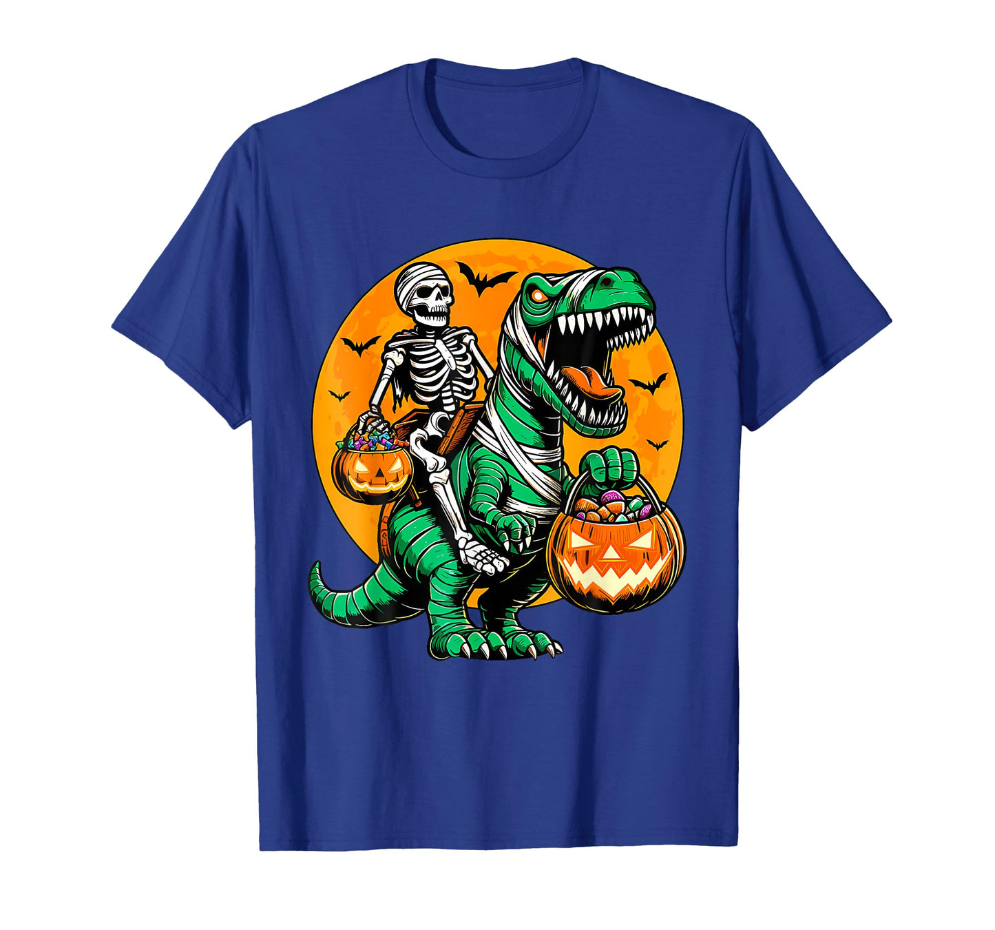 Funny Skeleton Riding Dinosaur Pumpkin Spooky Trex Halloween T-Shirt
