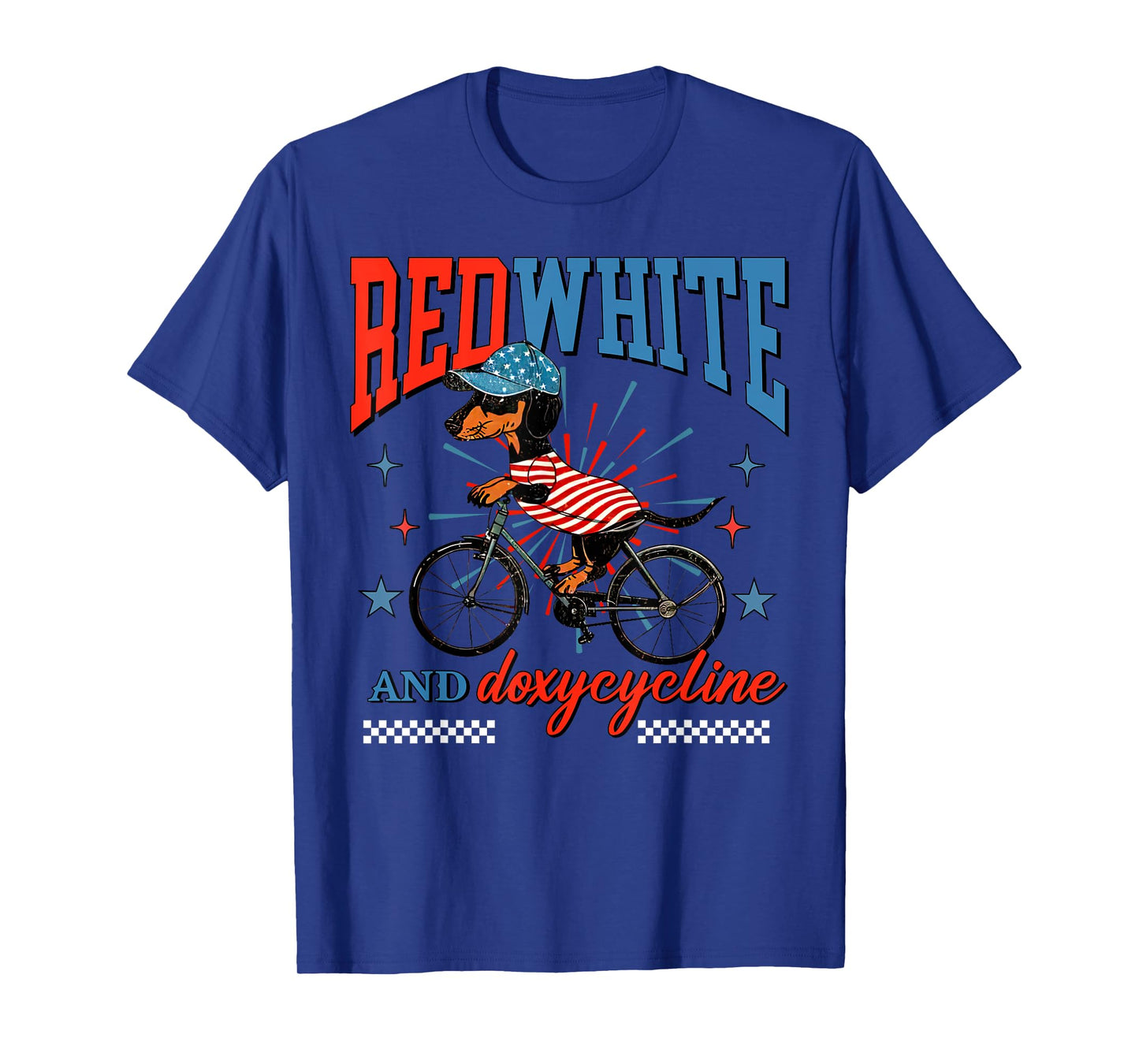 Red White Doxycycline Pharmacy Dachshund Bicycle 4th Of July T-Shirt