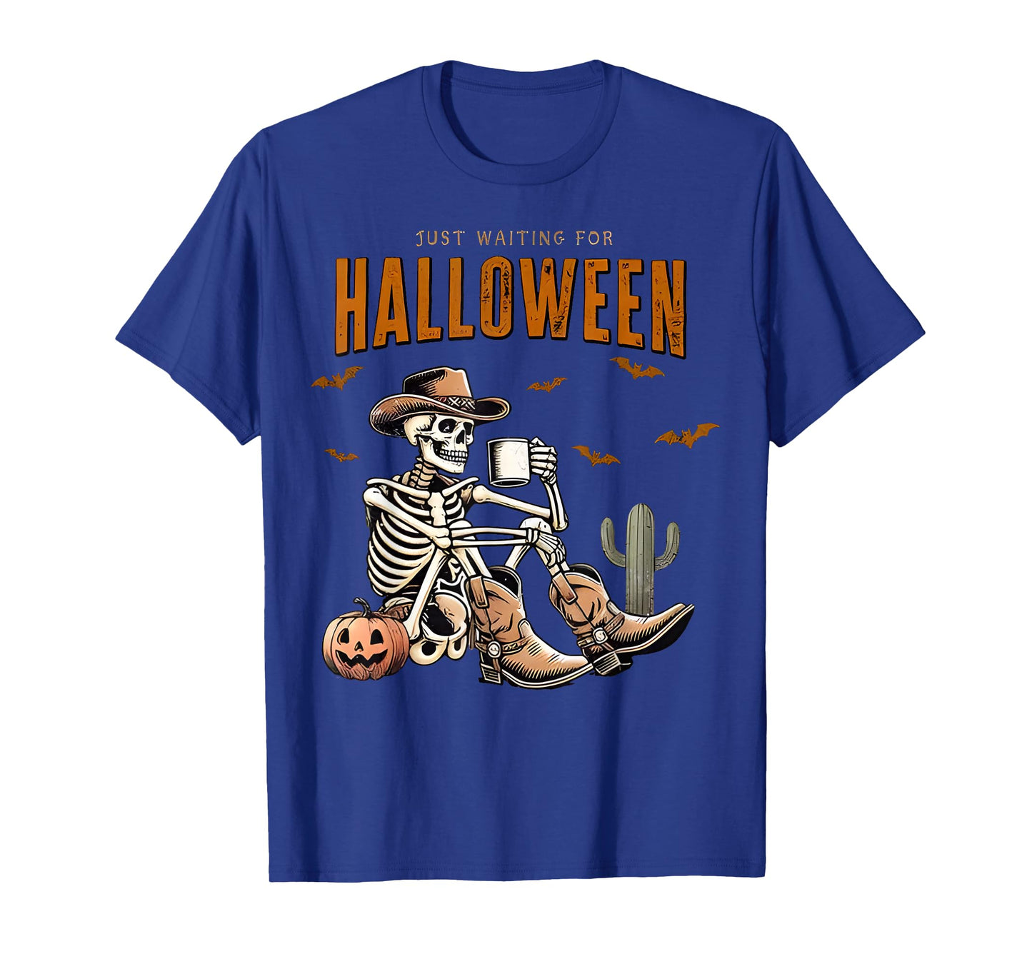 Just Waiting for Halloween Funny Skeleton Cowboy Pumpkin T-Shirt