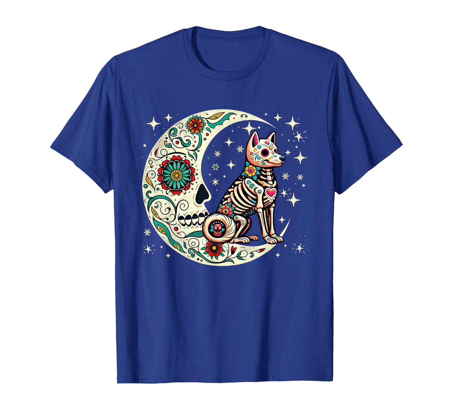 Dia De Los Muertos Halloween Moon Floral Skeleton Shiba Inu T-Shirt