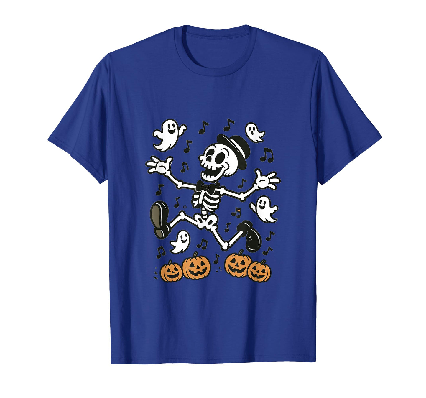 Dancing Skeleton with Pumpkins and Ghosts Halloween Design T-Shirt