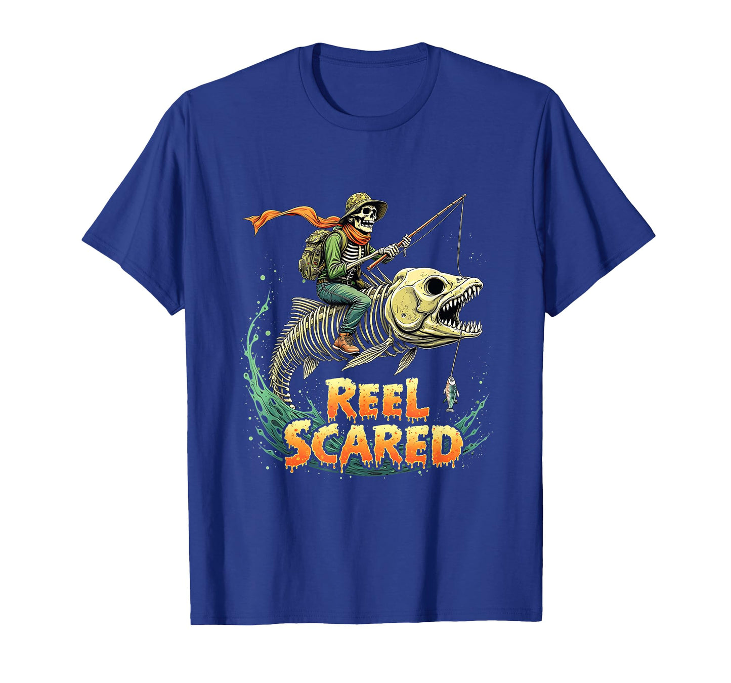 Halloween Fishing Fisherman Skeleton Funny Retro Reel Scared T-Shirt