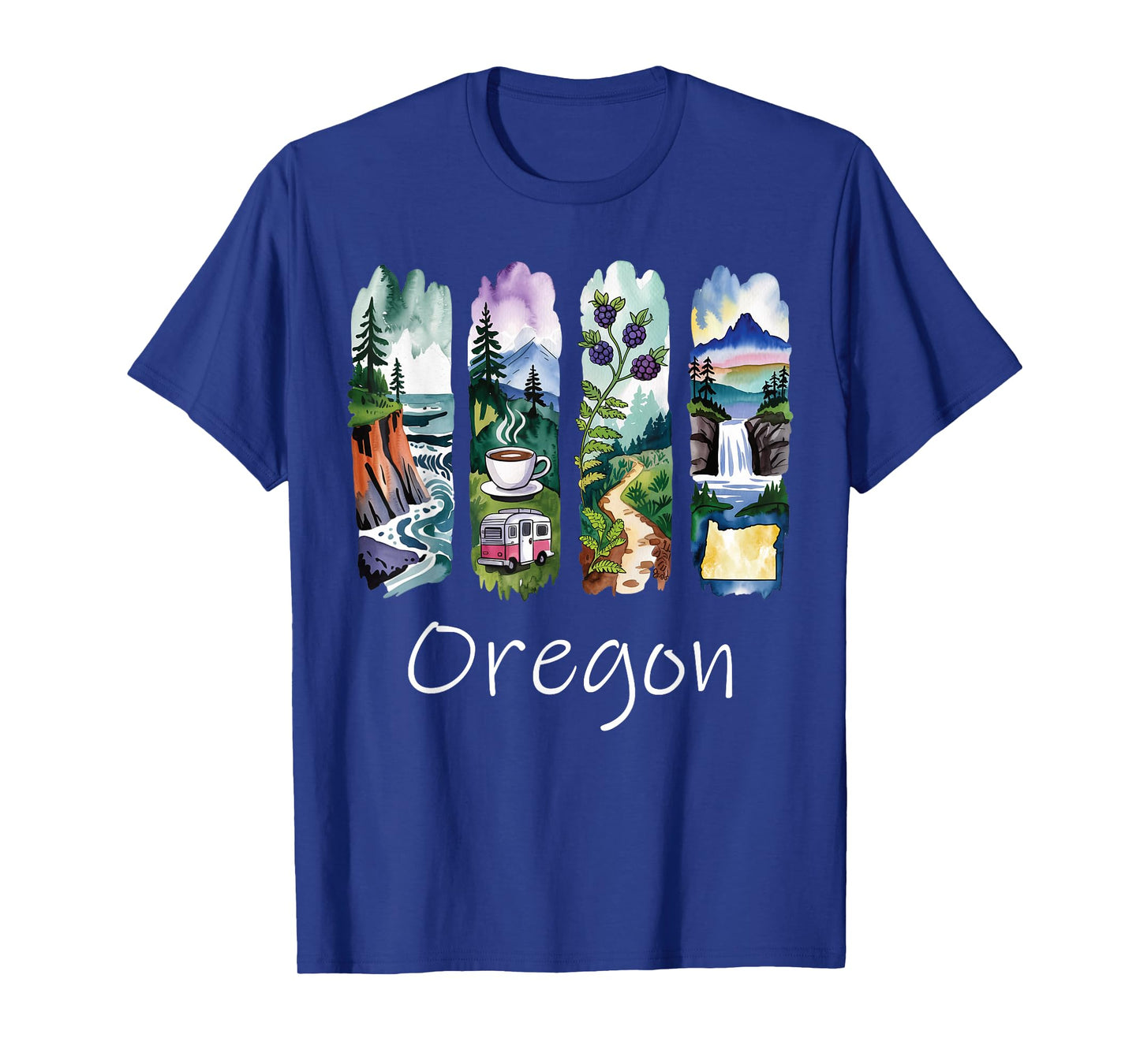 Oregon Brushstroke Coast Coffee Mountains Forest Waterfall T-Shirt