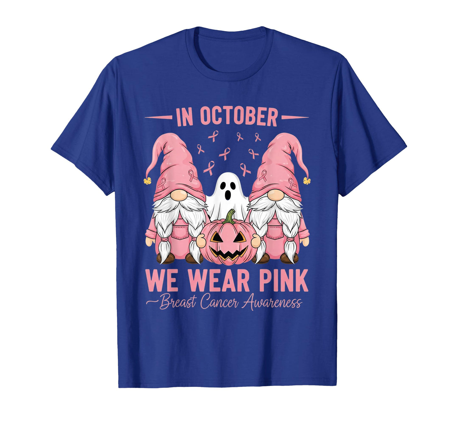 in October We Wear Pink Breast Cancer Gnomes Halloween Ghost T-Shirt