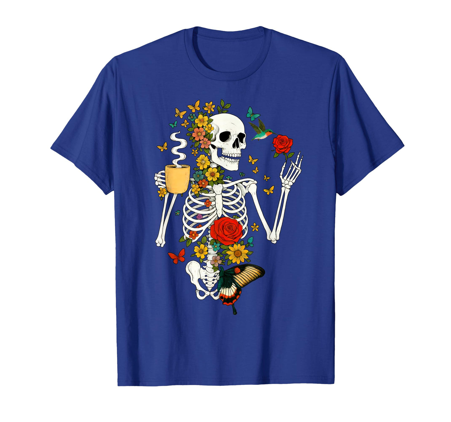 Cool Skeleton Plant Drinking Coffee for Women Halloween T-Shirt