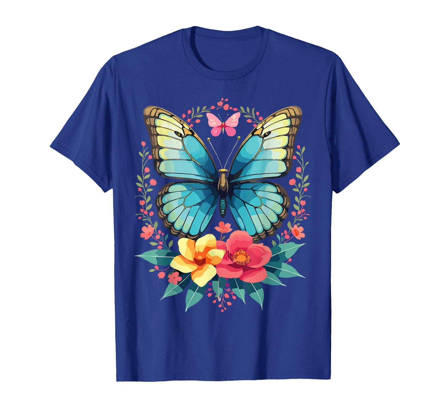 Beautiful Blue Butterfly with Flowers Aesthetic Nature T-Shirt