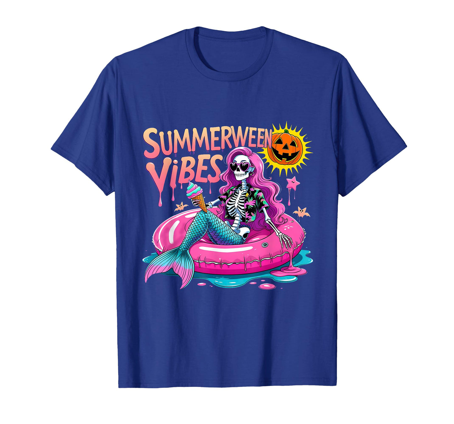 Spooky Summerween Skeleton Pool Float Design T-Shirt