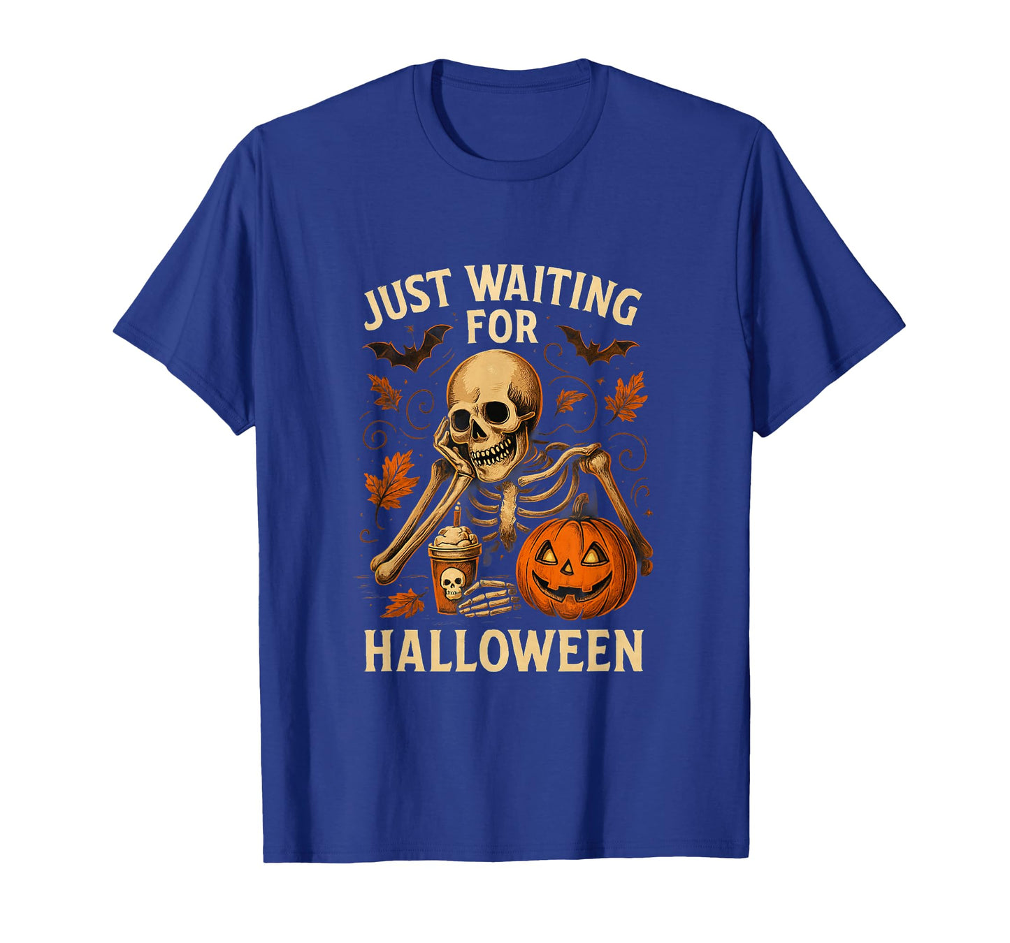 Witty Skeleton Just Waiting for Halloween Pumpkin Autumn T-Shirt