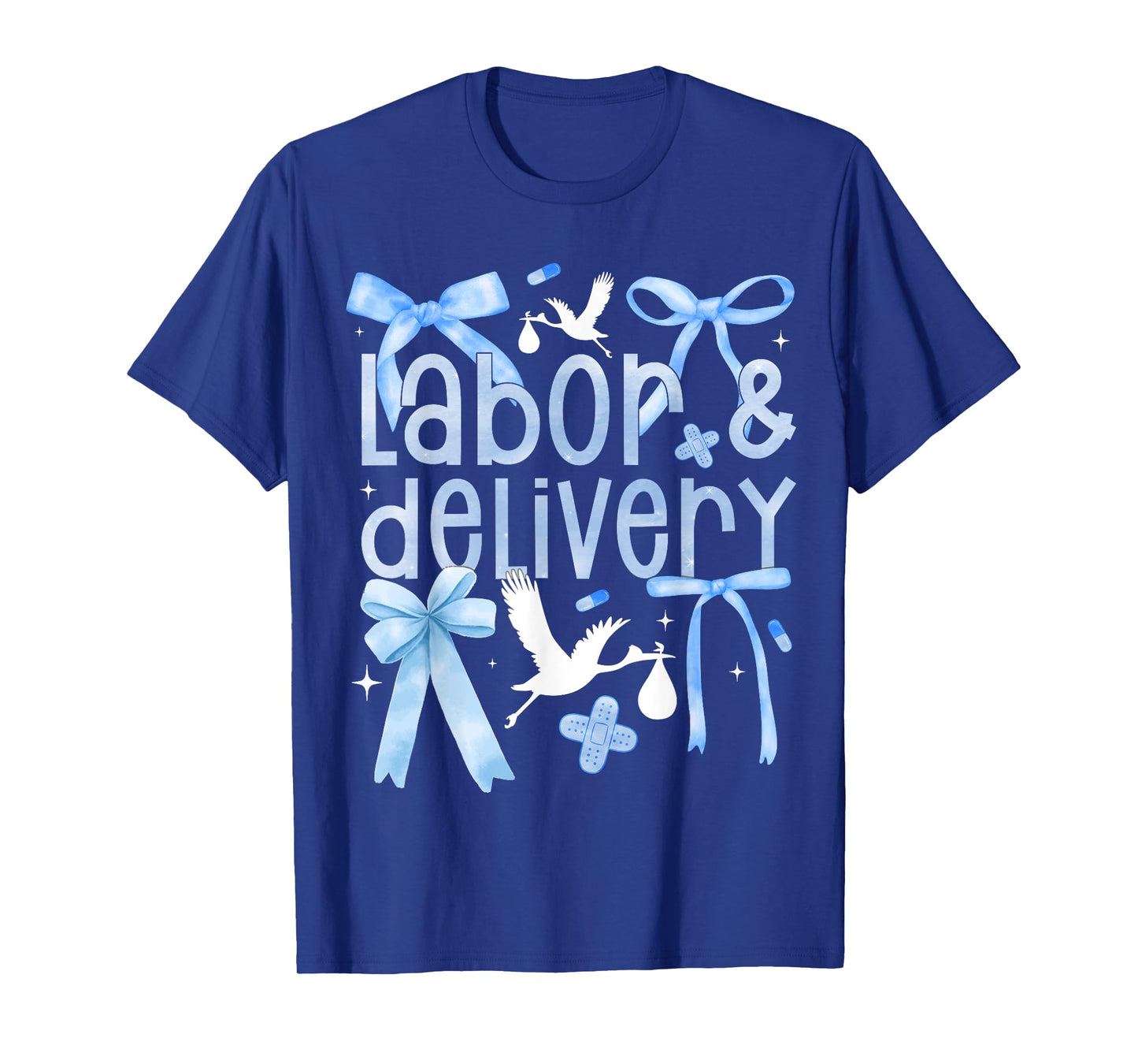 Labor and Delivery Nurse Blue Toile Coquette Bow Stork Squad T-Shirt