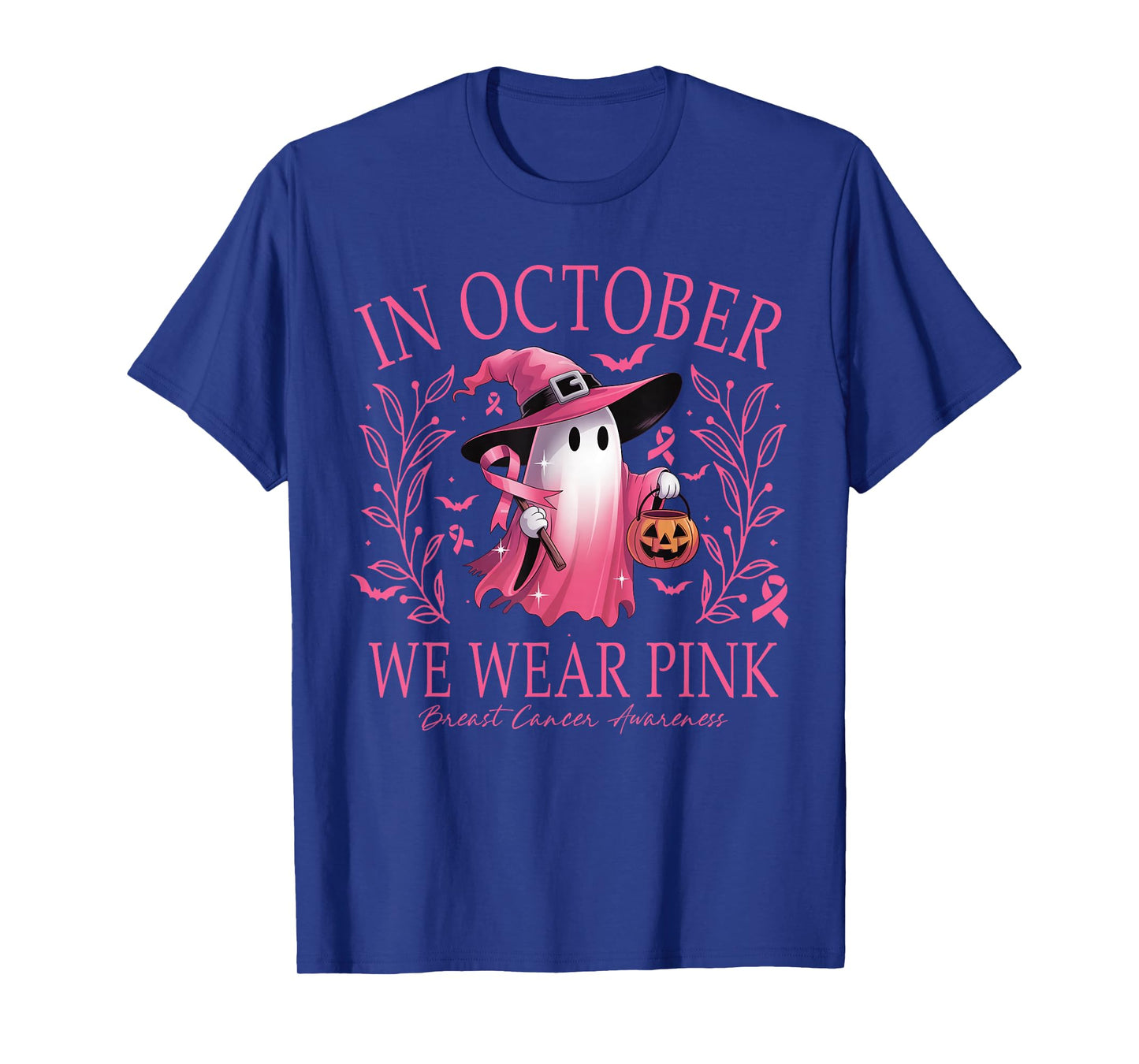 in October We Wear Pink Retro Halloween Pink Ghost T-Shirt