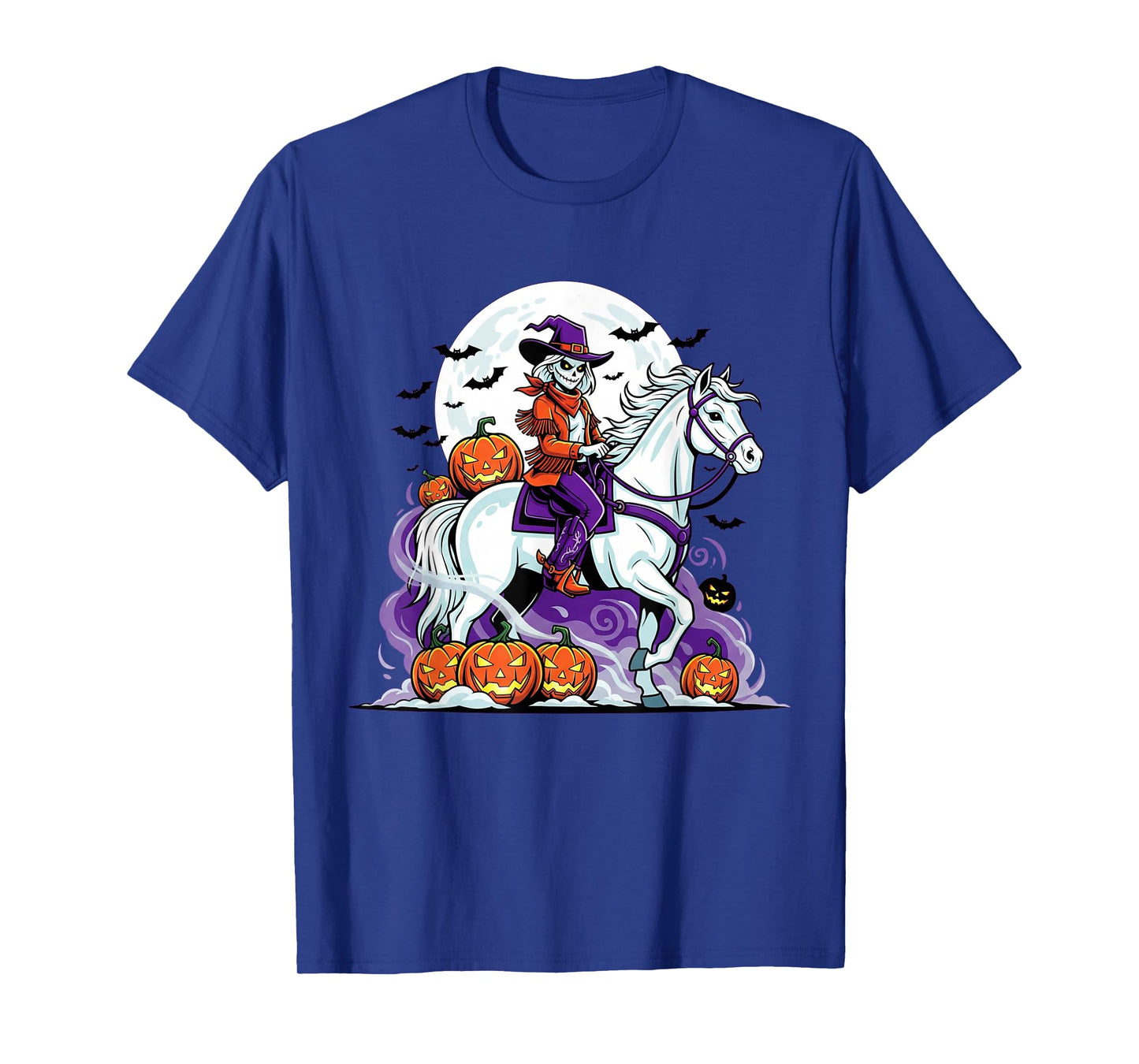 Haunted Cowgirl Skeleton Riding Horse Halloween Moon Pumpkin T-Shirt