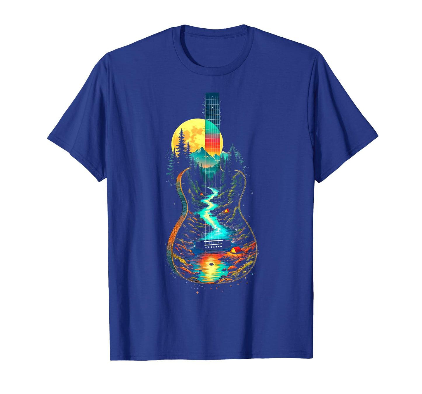 Guitar Lake Reflections Forest Pine Tree Moon Camp Guitarist T-Shirt