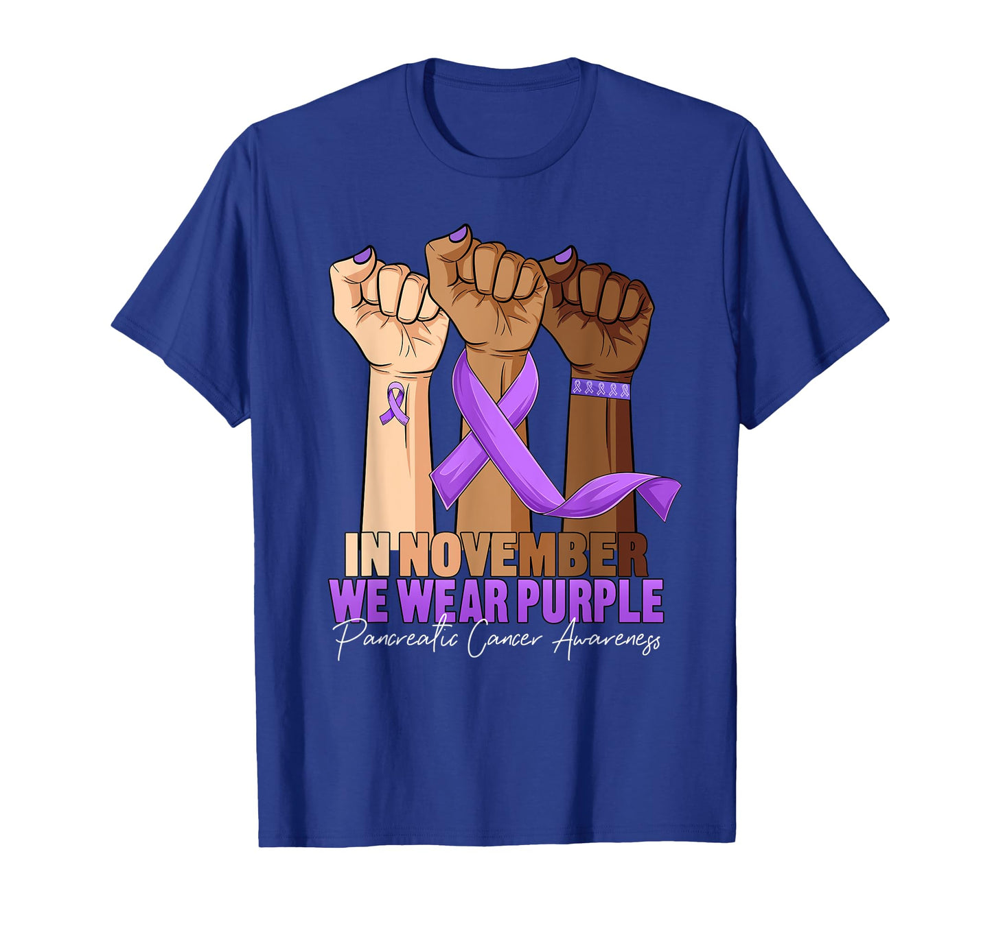 Hand November Wear Purple Ribbon Pancreatic Cancer Awareness T-Shirt
