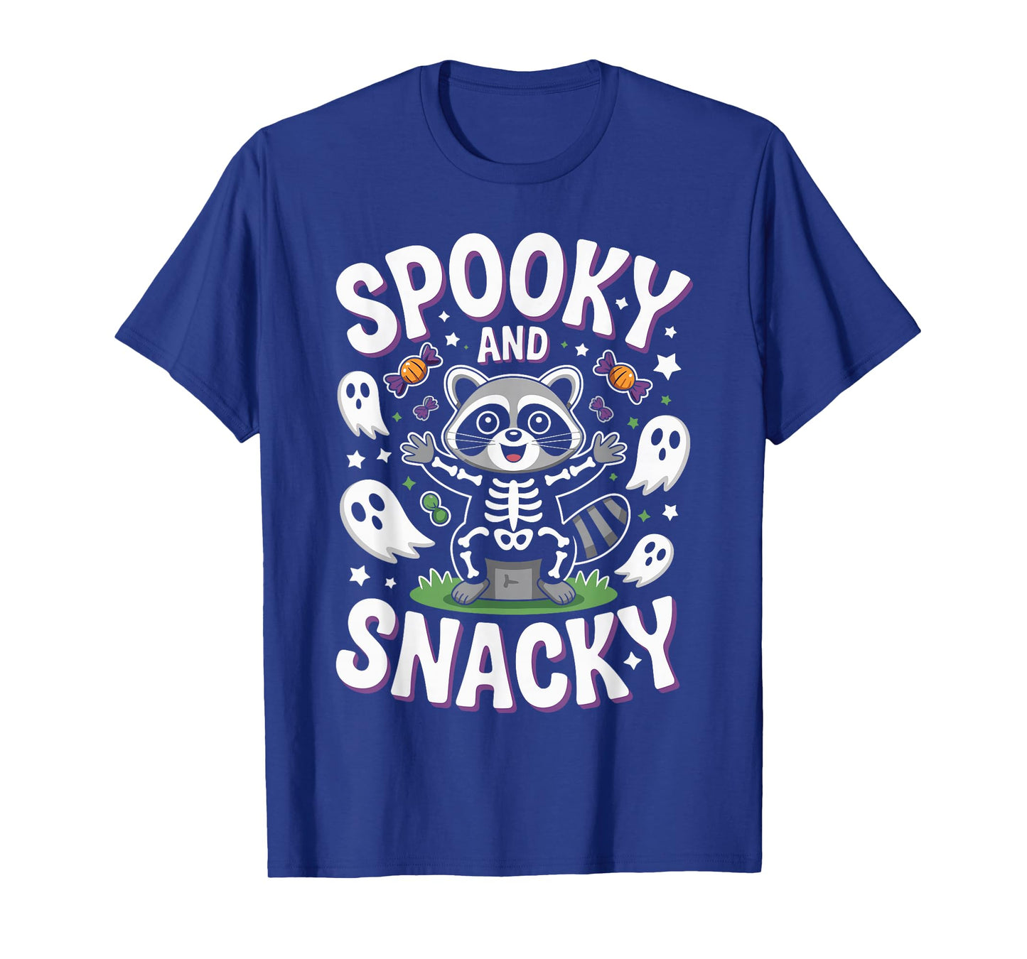 Spooky and Snacky Cute Skeleton Raccoon Ghosts and Candy T-Shirt