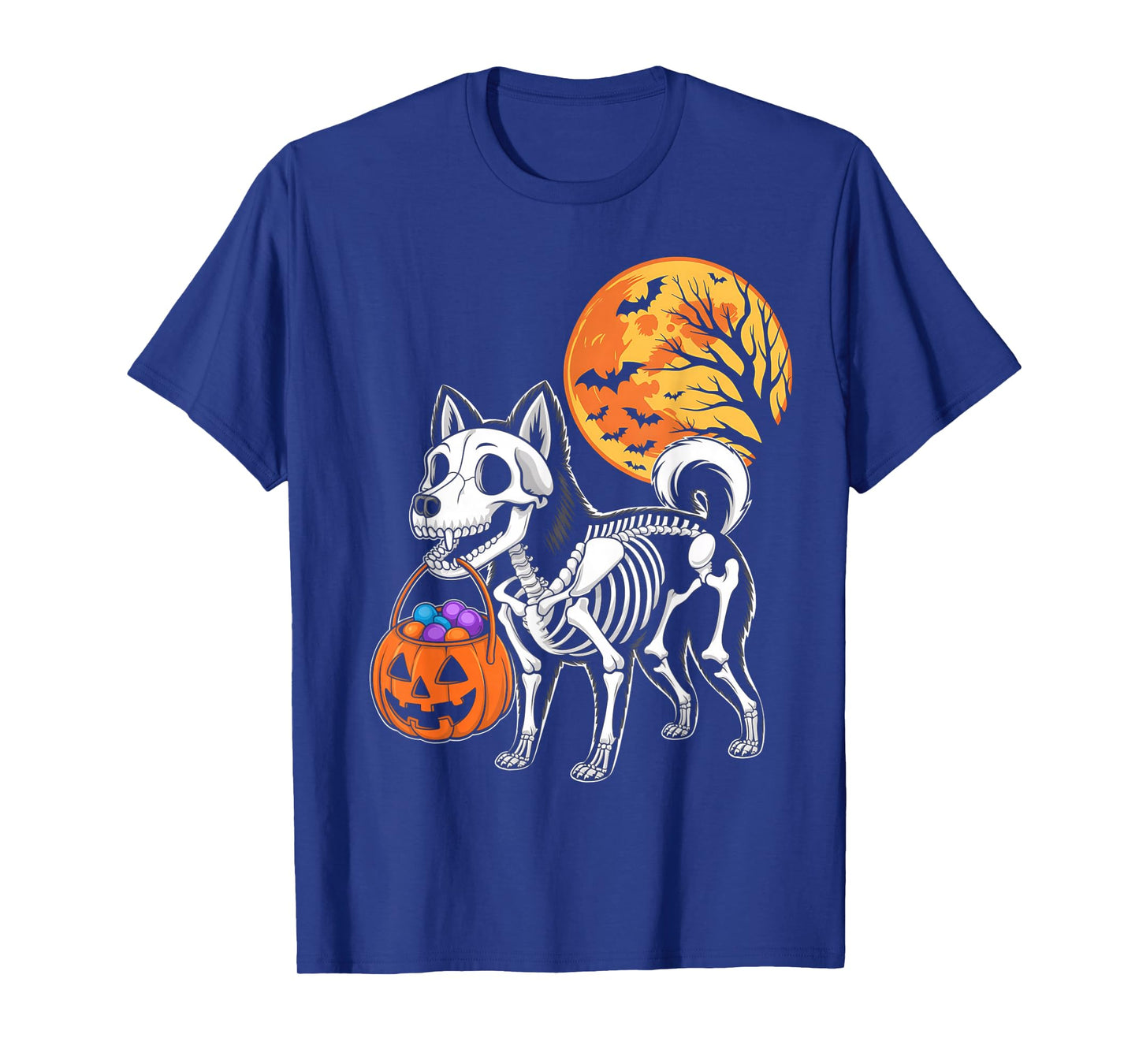 Akitas Dog Skeleton Scary Pumpkin Moon Halloween T-Shirt