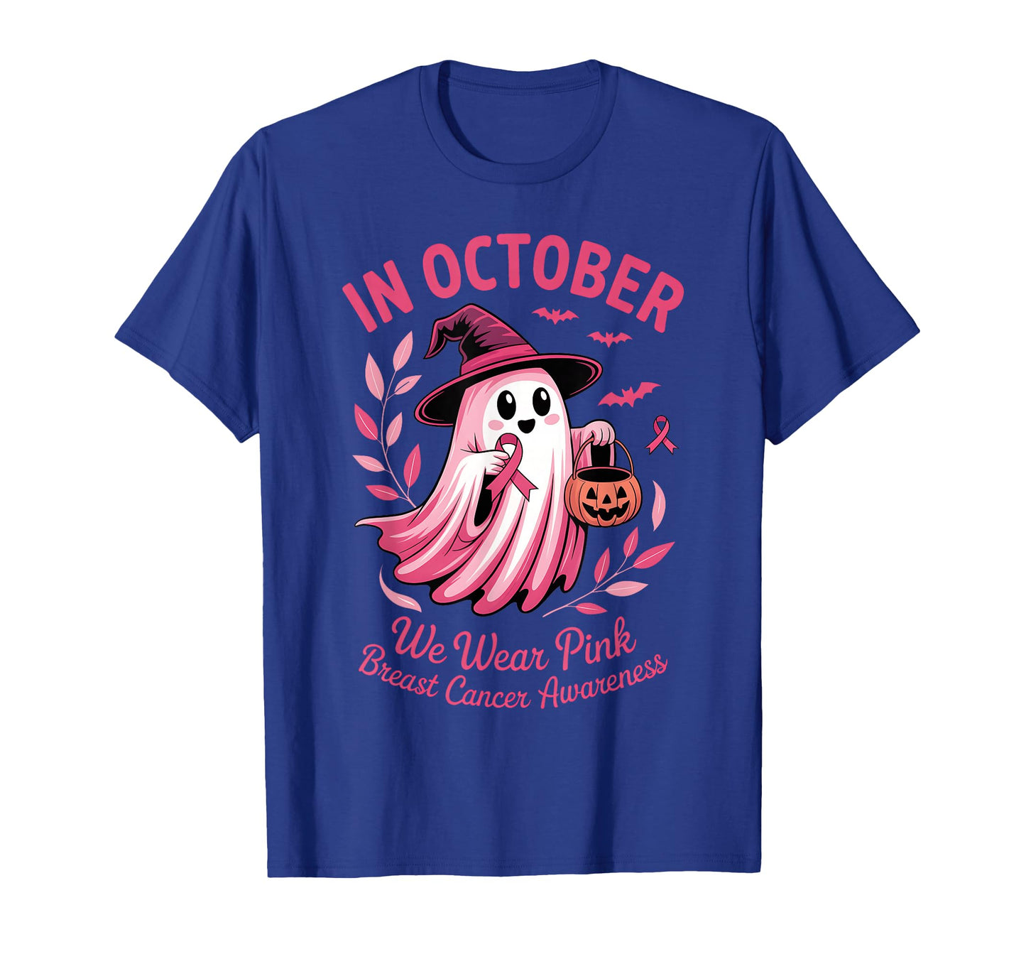 In October We Wear Pink Ribbon Ghost Halloween Breast Cancer T-Shirt