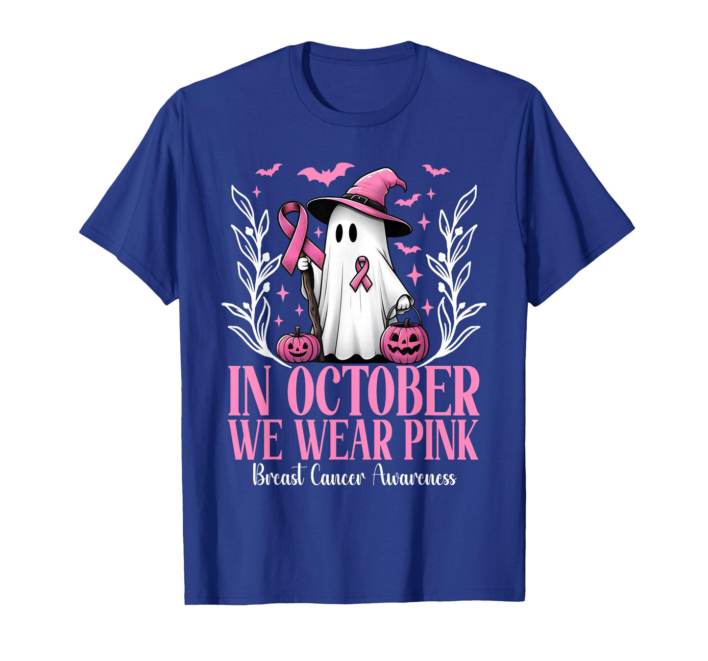 In October We Wear Pink Breast Cancer Witch Ghost Halloween T-Shirt