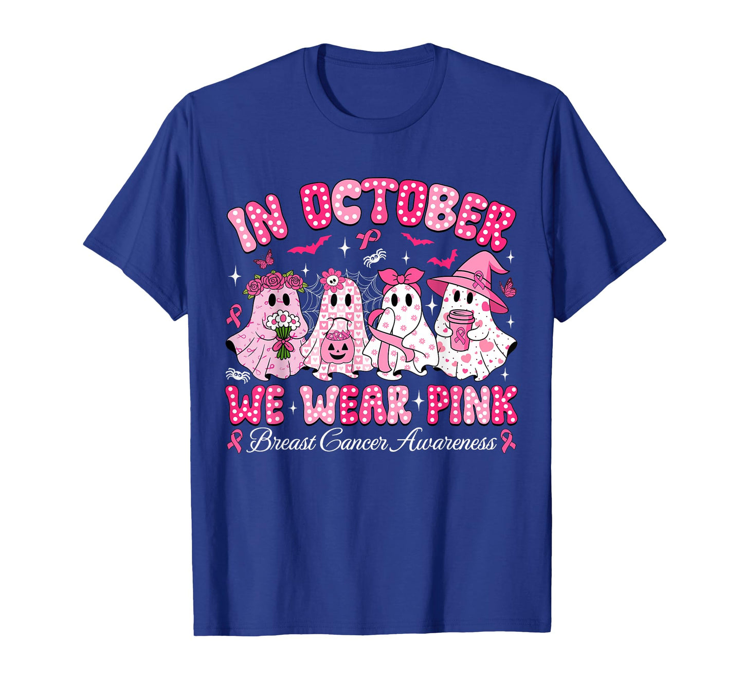 in October We Wear Pink Ghost Witch Breast Cancer Awareness T-Shirt