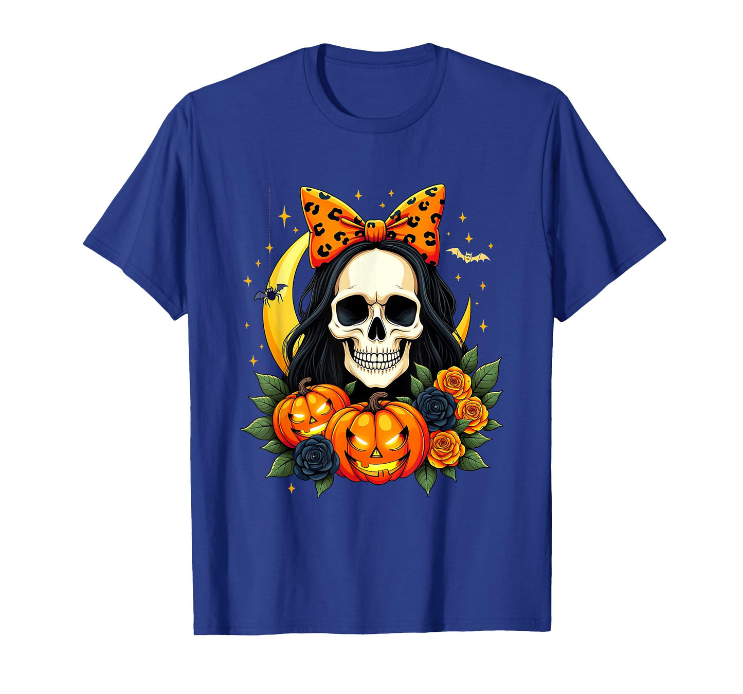 Skeleton Women Messy Bun Fall Autumn Skull Bow Halloween T-Shirt