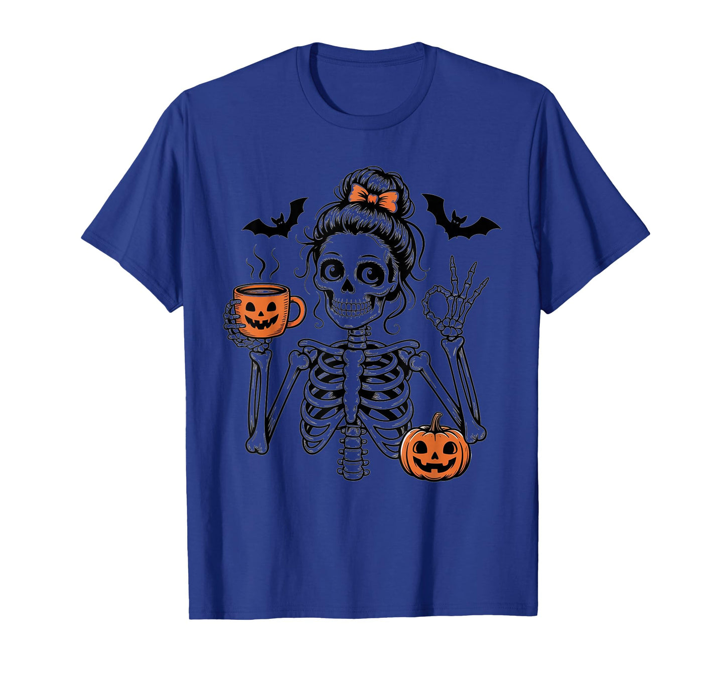 Halloween Skeleton Messy Bun Coffee Pumpkin Bat Costume Mom T-Shirt