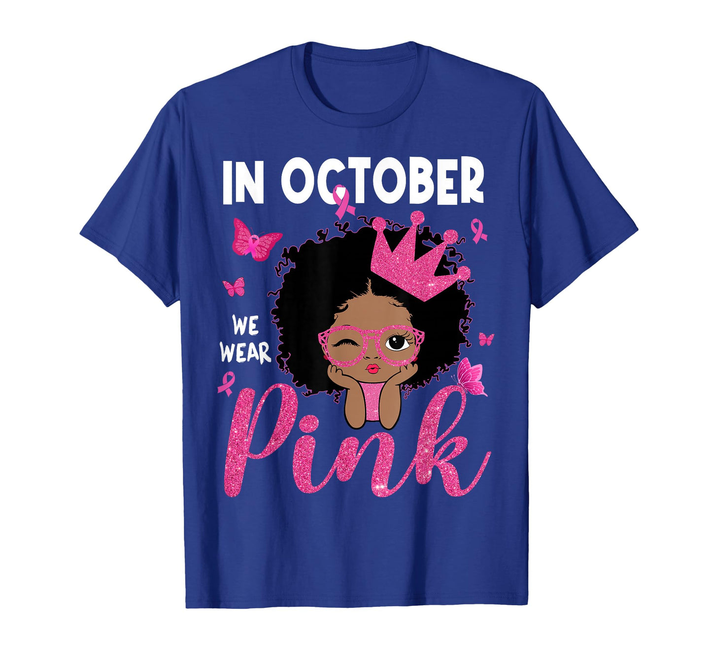 in October We Wear Pink Breast Cancer Black Afro Girls Kids T-Shirt