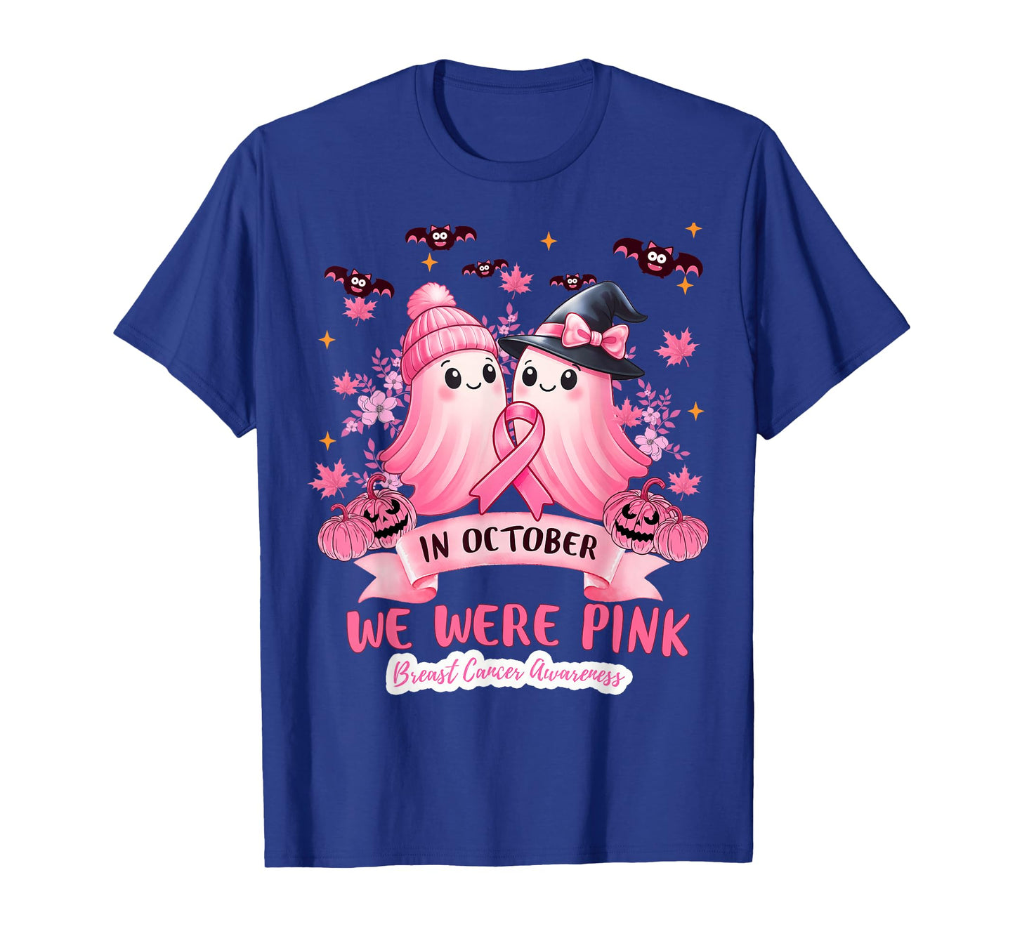 in October We Wear Pink Ghost Witch Breast Cancer Awareness T-Shirt