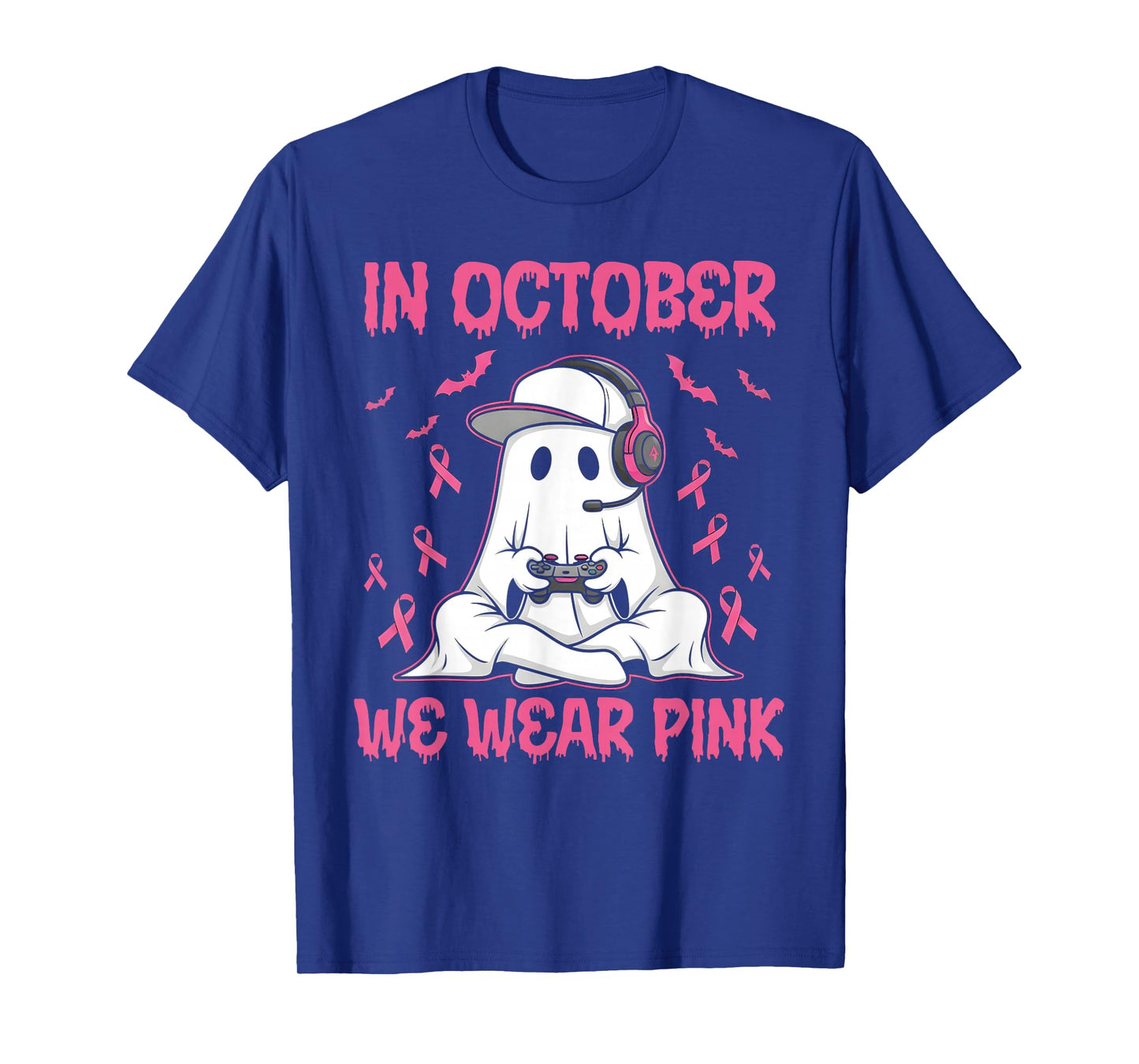 in October We Wear Pink Breast Cancer Gaming Ghost Youth T-Shirt
