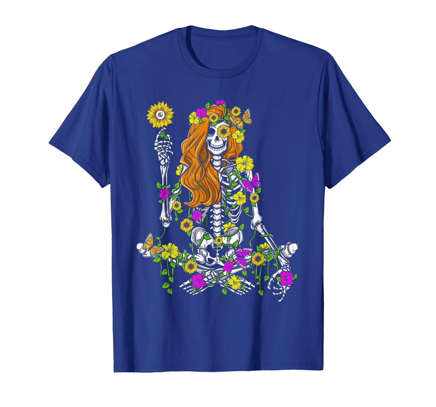 Skeleton Hippie Flowers Sunflower Lover Women Halloween T-Shirt