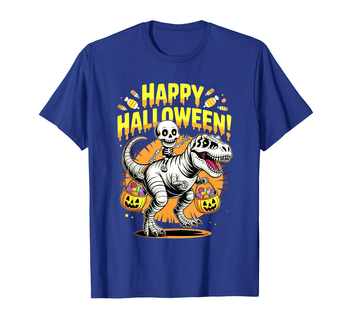 Spooky Skeleton Riding Dinosaur Cartoon Trick Or Treat T-Shirt