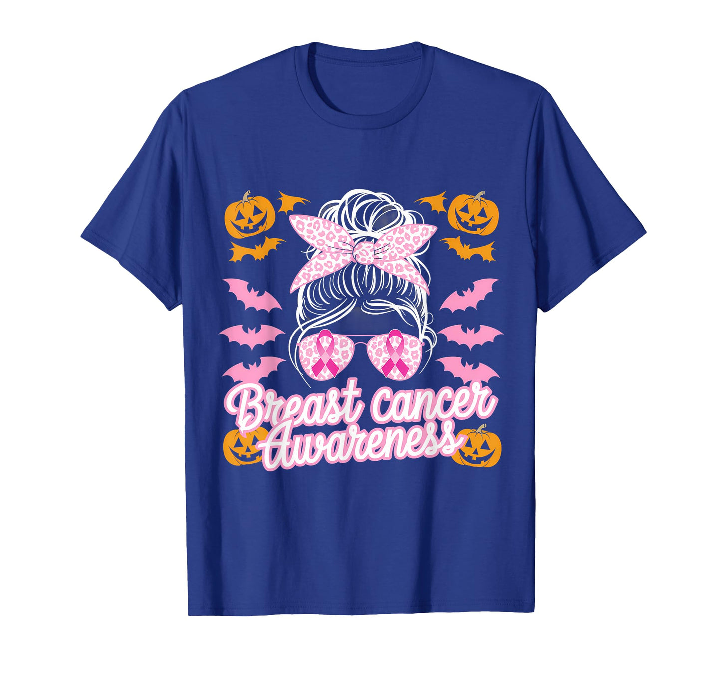 Breast Cancer Awareness Messy Hair Woman Spooky Pumpkin T-Shirt