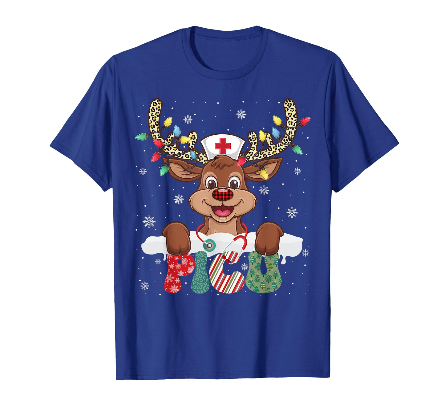 PICU Nurse Reindeer Nurse Hat Christmas Light Women Girl T-Shirt
