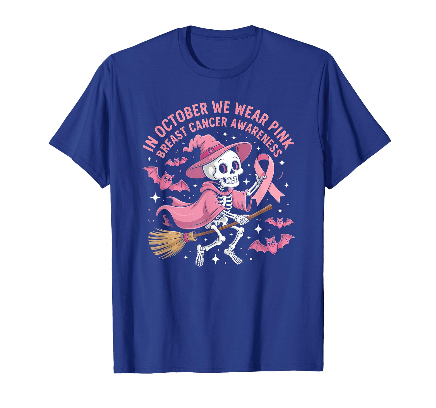 October Breast Cancer Awareness Skeleton Bats Print T-Shirt