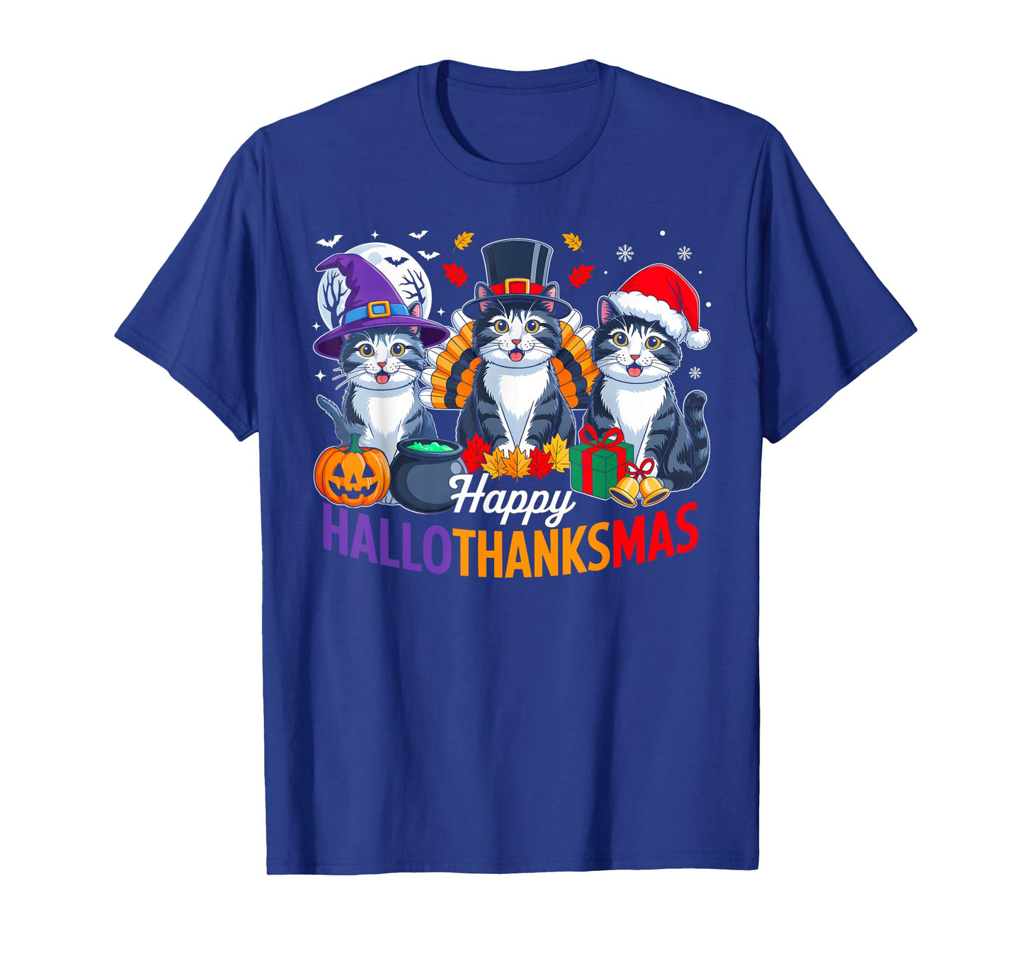 Cat Halloween Thanksgiving Christmas Happy Hallothanksmas T-Shirt