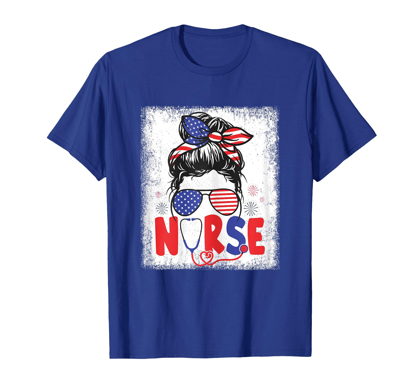 Patriotic Nurse Messy Bun 4th Of July American Flag Nurses T-Shirt