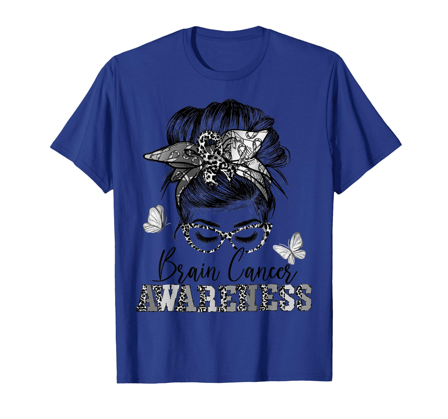 Messy Hair Bun Gray Ribbon Brain Cancer Awareness T-Shirt
