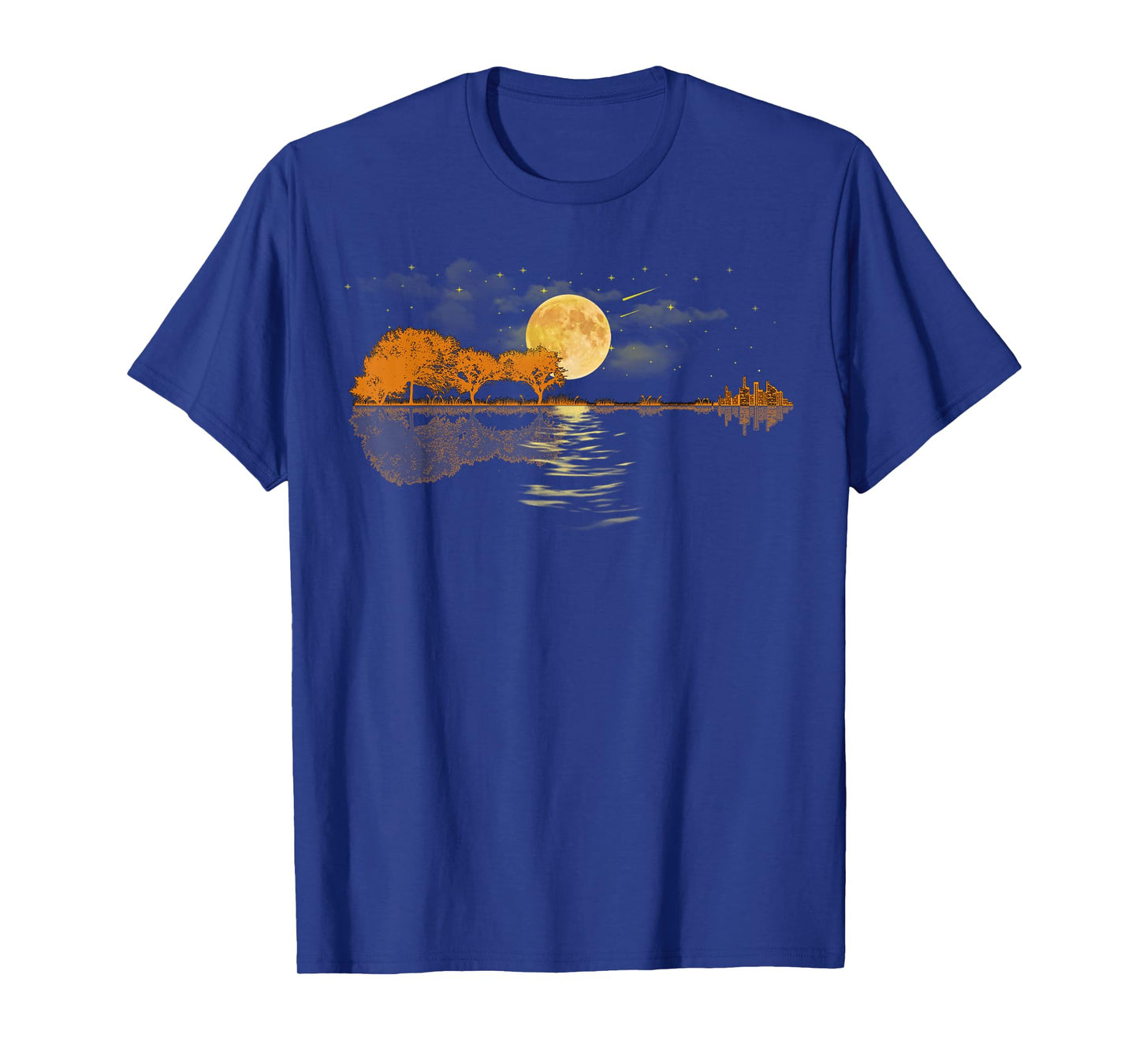 Guitar Moonlight Nature Lake Shadow, Musician Black Unisex-Adults T-Shirt