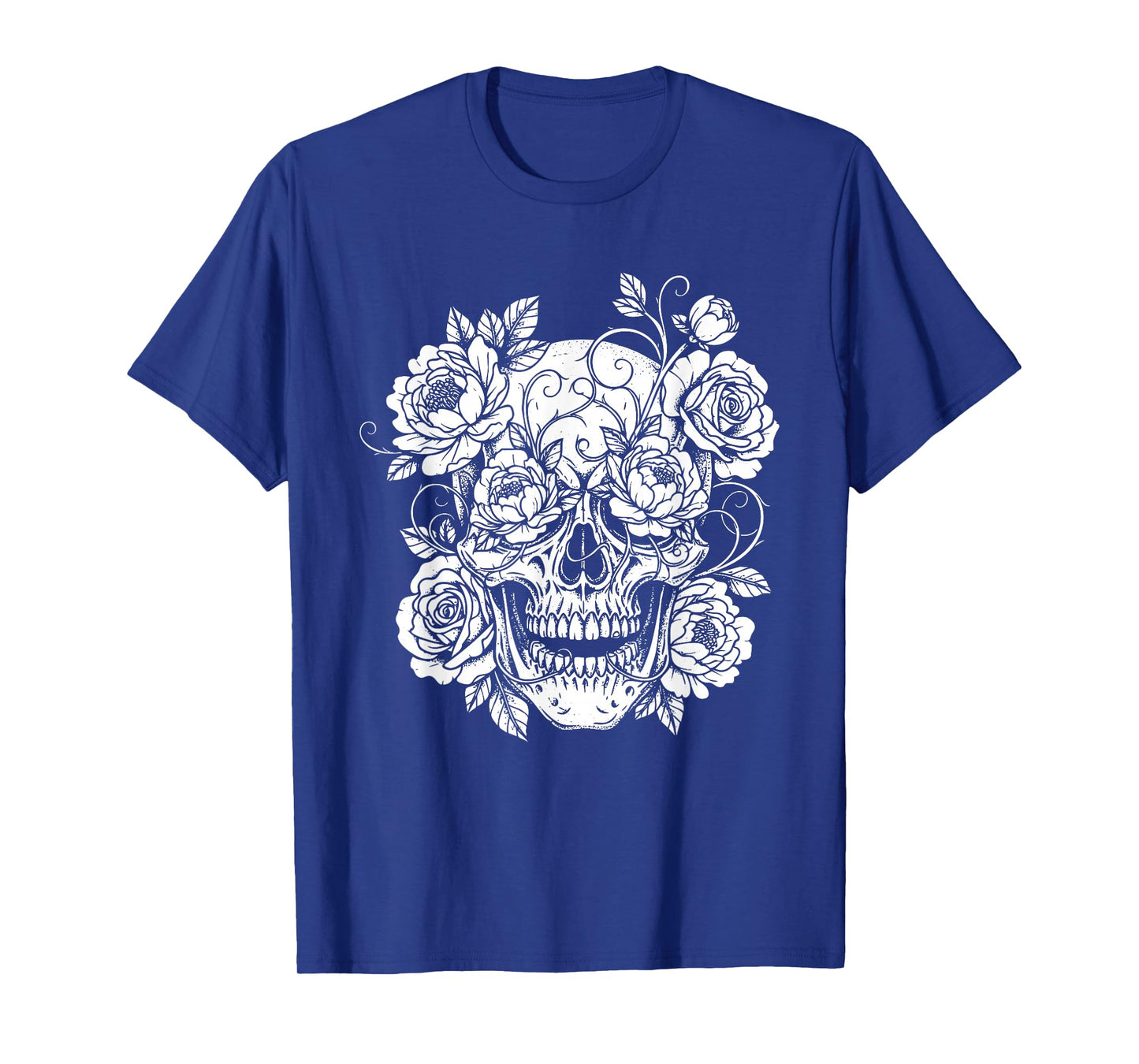 Black and White Skull with Flowers Funny Halloween T-Shirt