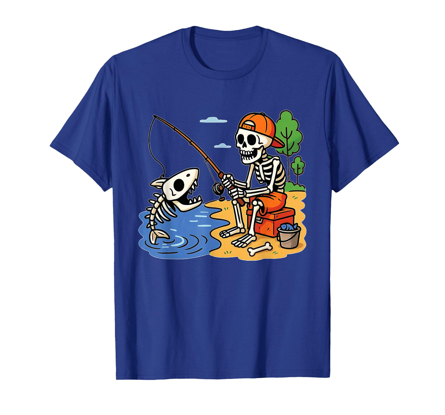 Skeleton Fishing a Shark Halloween Costume Funny Fishing T-Shirt