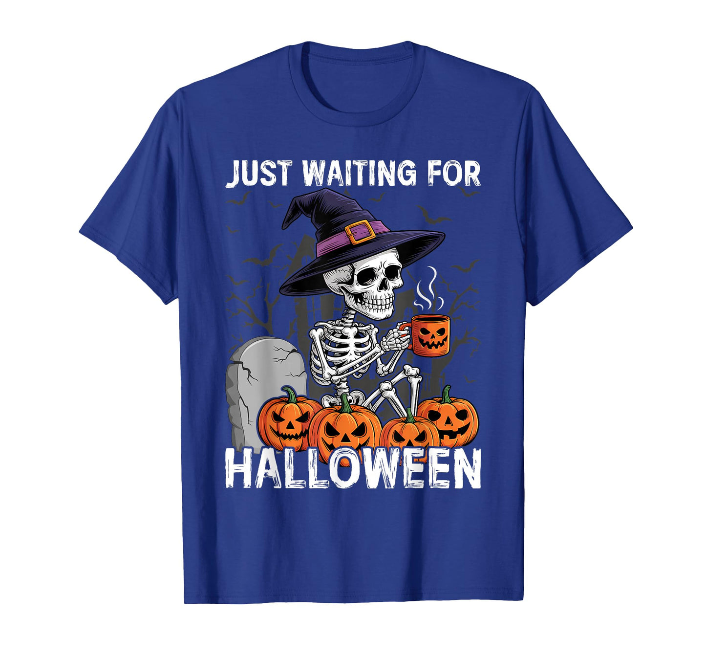 Just Waiting for Halloween Skeleton Coffee and Pumpkins T-Shirt