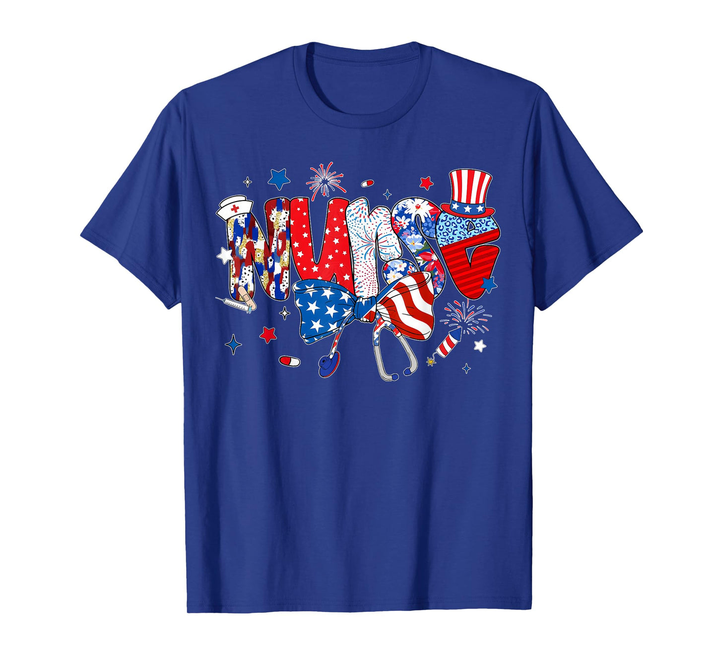 Patriotic Nurse USA Flag Fireworks 4th of July women Nurse T-Shirt